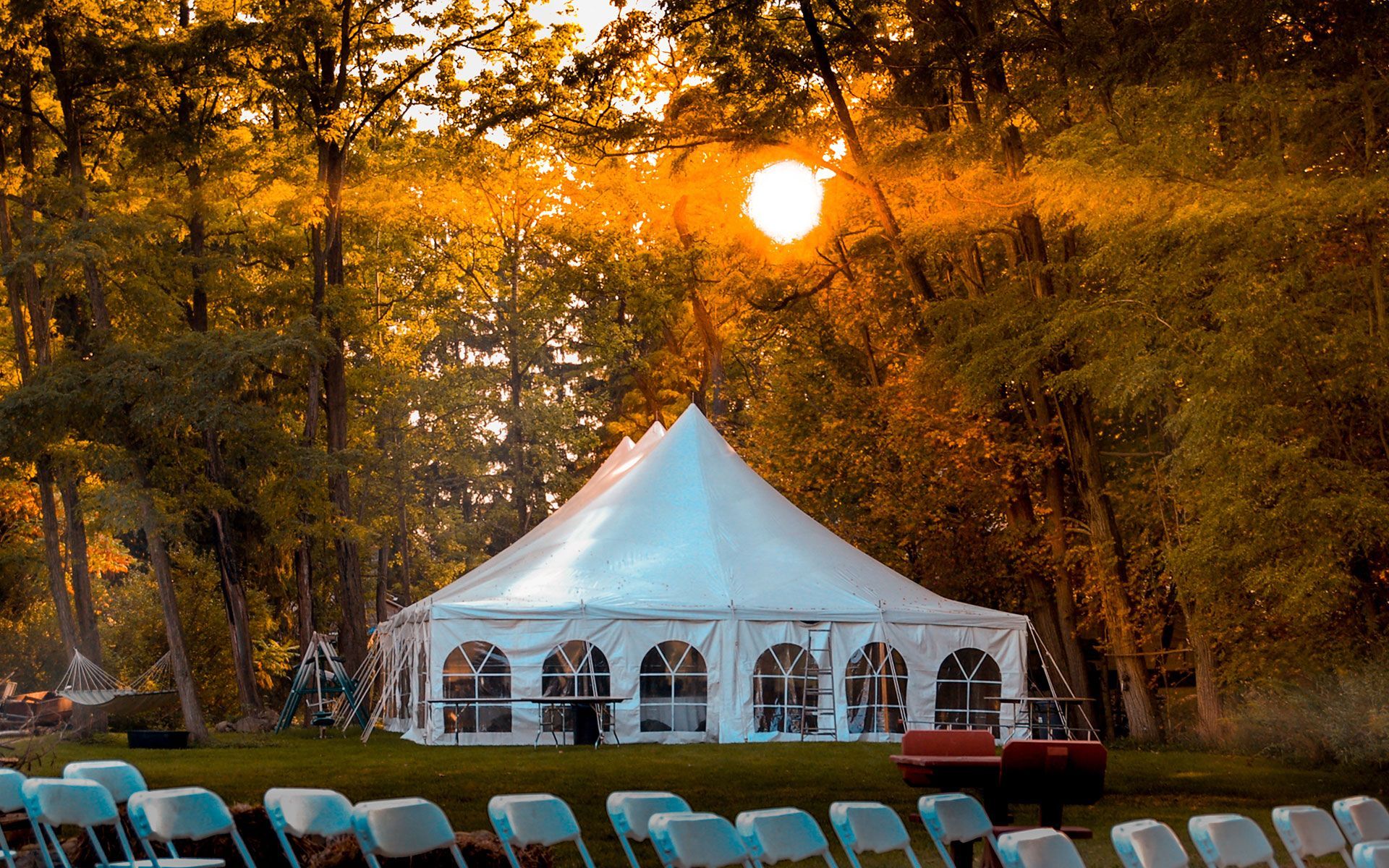 A large white tent is sitting in the middle of a forest.