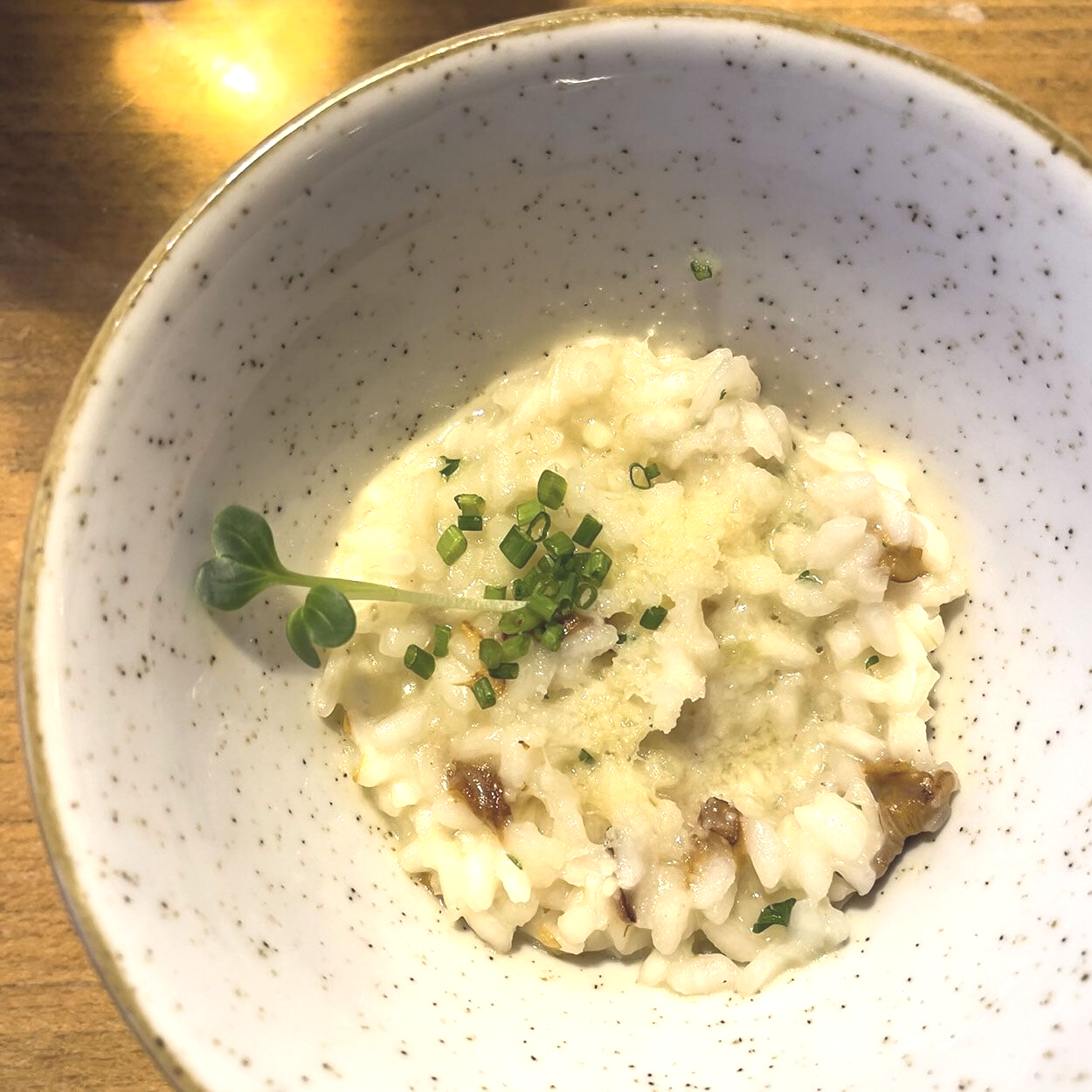 Eine Schüssel Reis mit einem Zweig Frühlingszwiebeln darauf