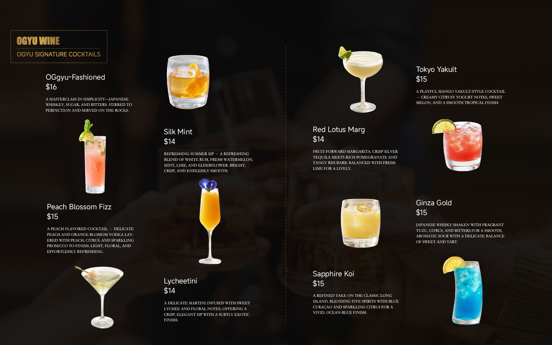 Cocktail menu with seven colorful drinks on a black background, each labeled with ingredients and prices