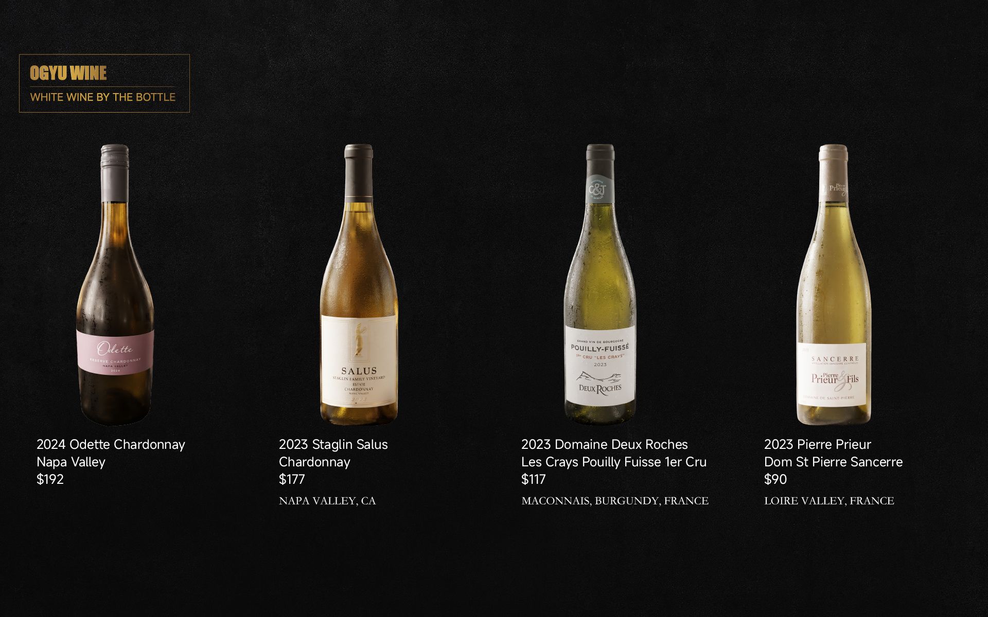 Four wine bottles on a dark background with small white text labels underneath.