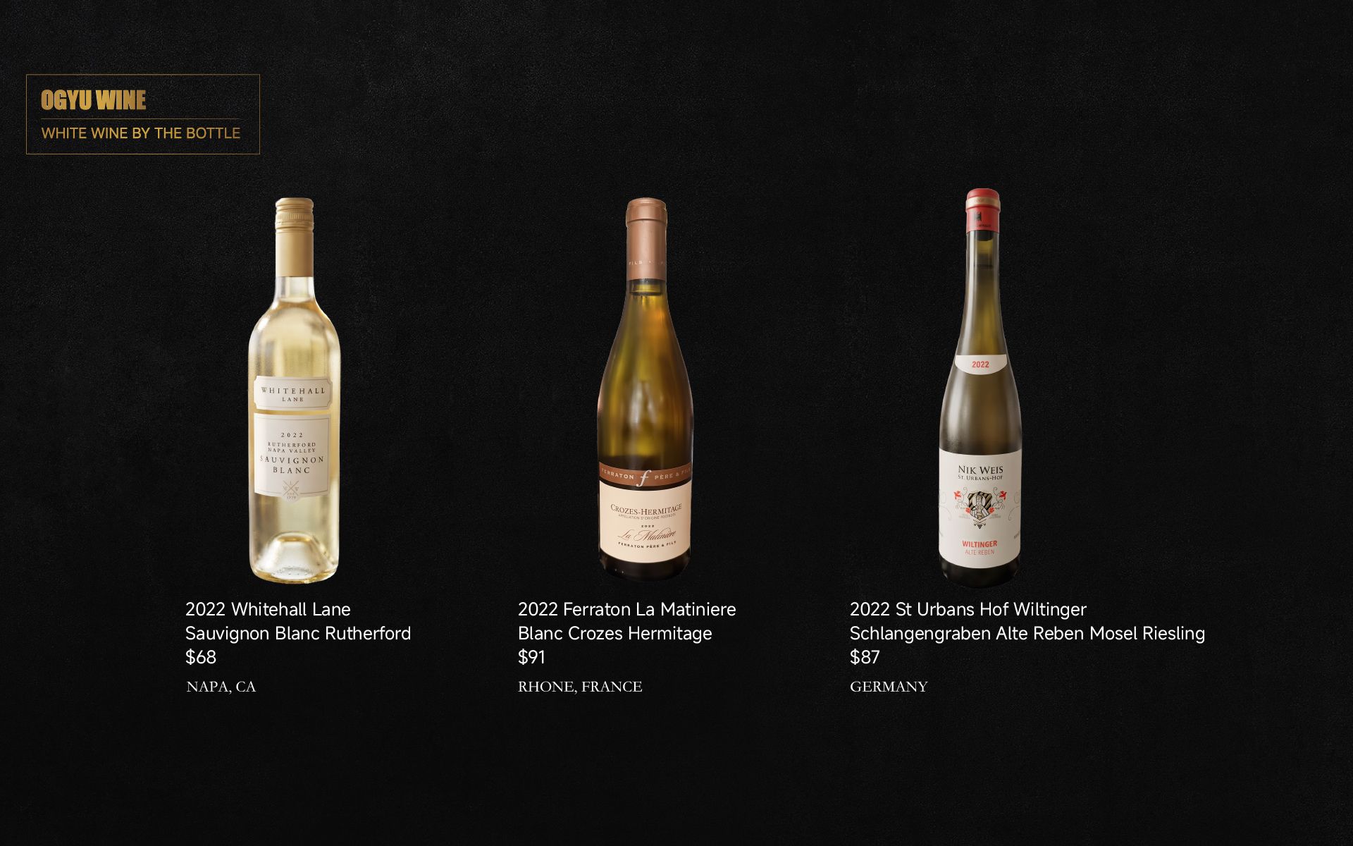 Three wine bottles displayed on a dark background with small labels and white text.