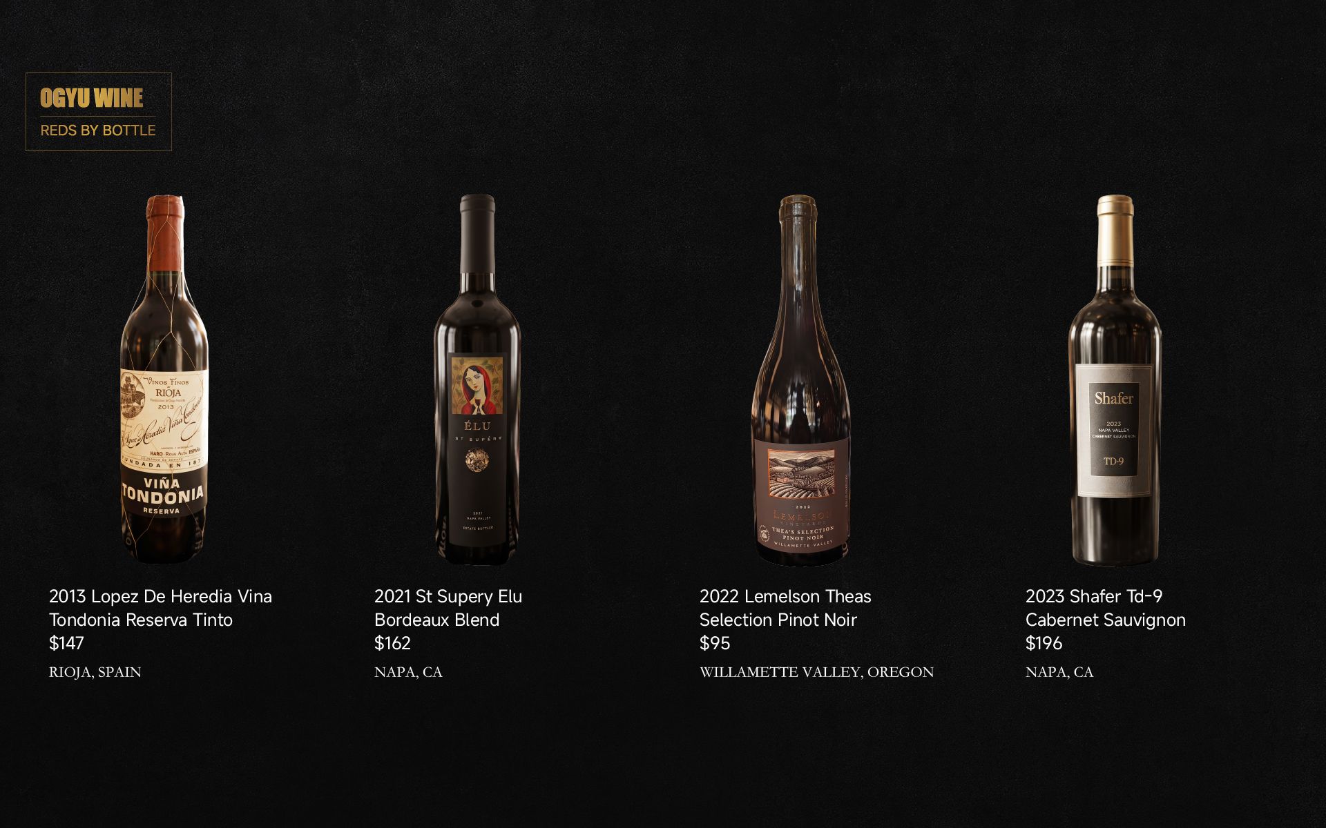 Four wine bottles displayed on a dark background with small white labels and yellow title text.