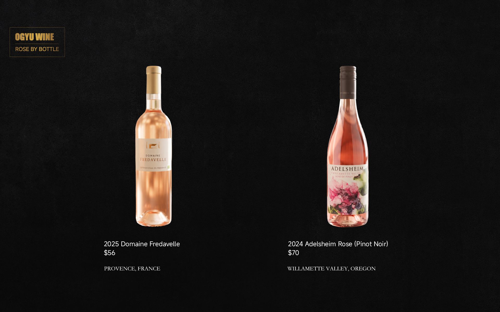 Two rosé wine bottles on a black background, one pale blush and one pink floral label.