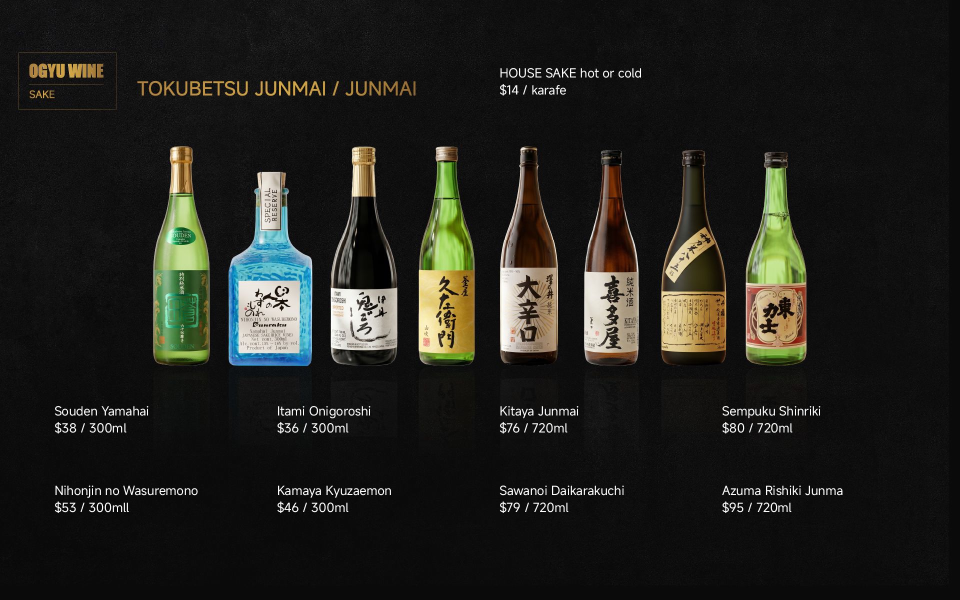 Bottles of Japanese sake lined up on a dark background with product labels and pricing text