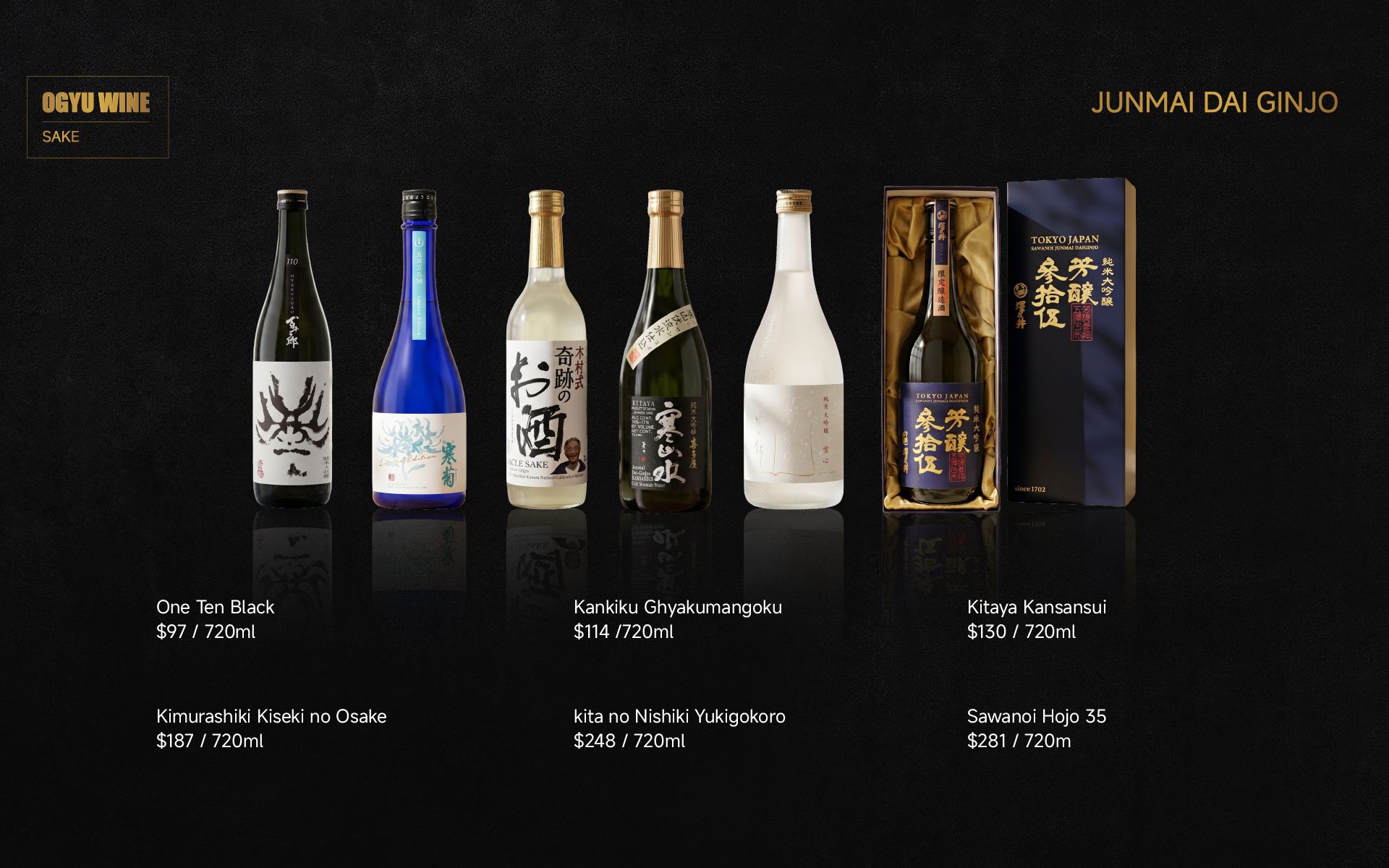 Five liquor bottles and two boxes displayed on a black background, with product labels and prices.