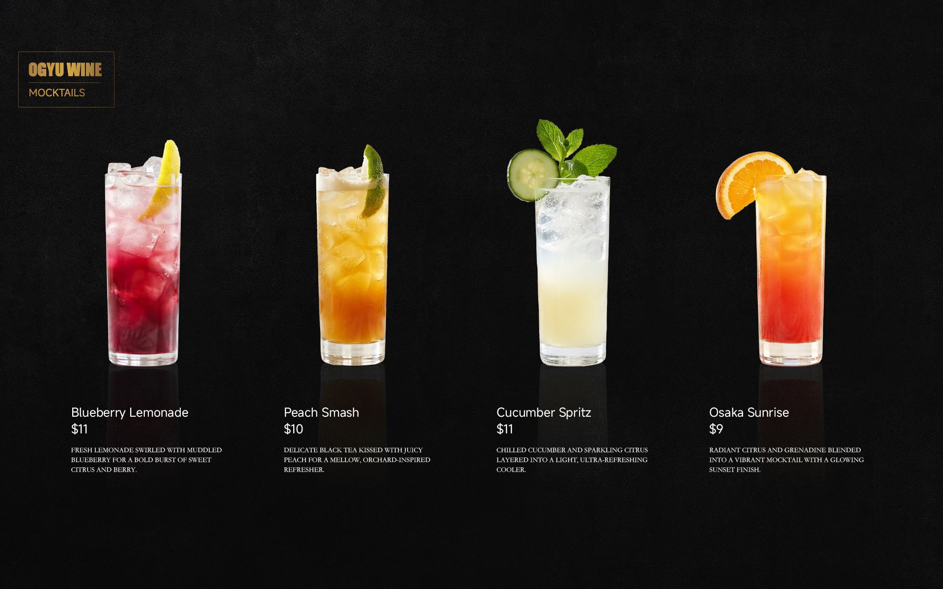 Four colorful layered cocktails with garnishes displayed on a dark menu background.