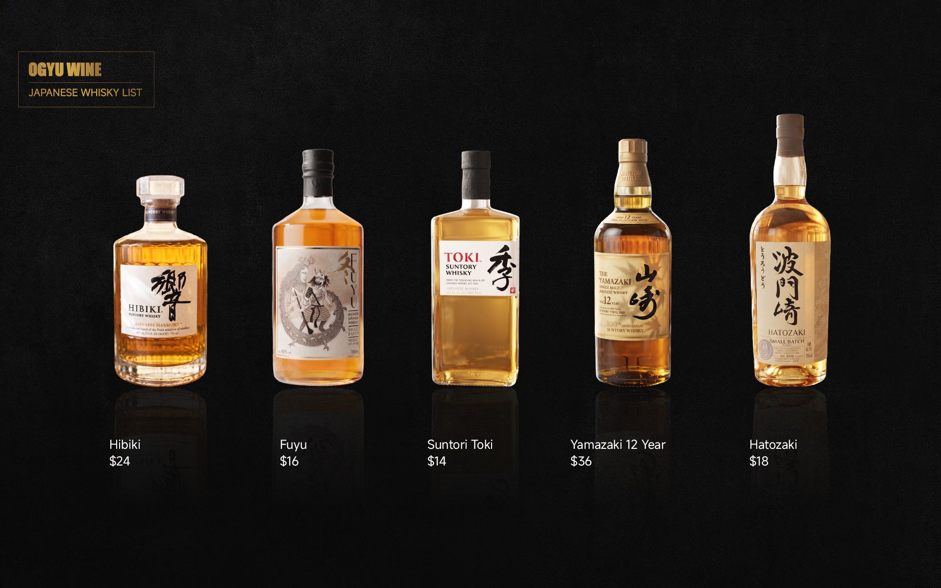 Five amber liquor bottles with labels lined up on a dark background with small text beneath each.