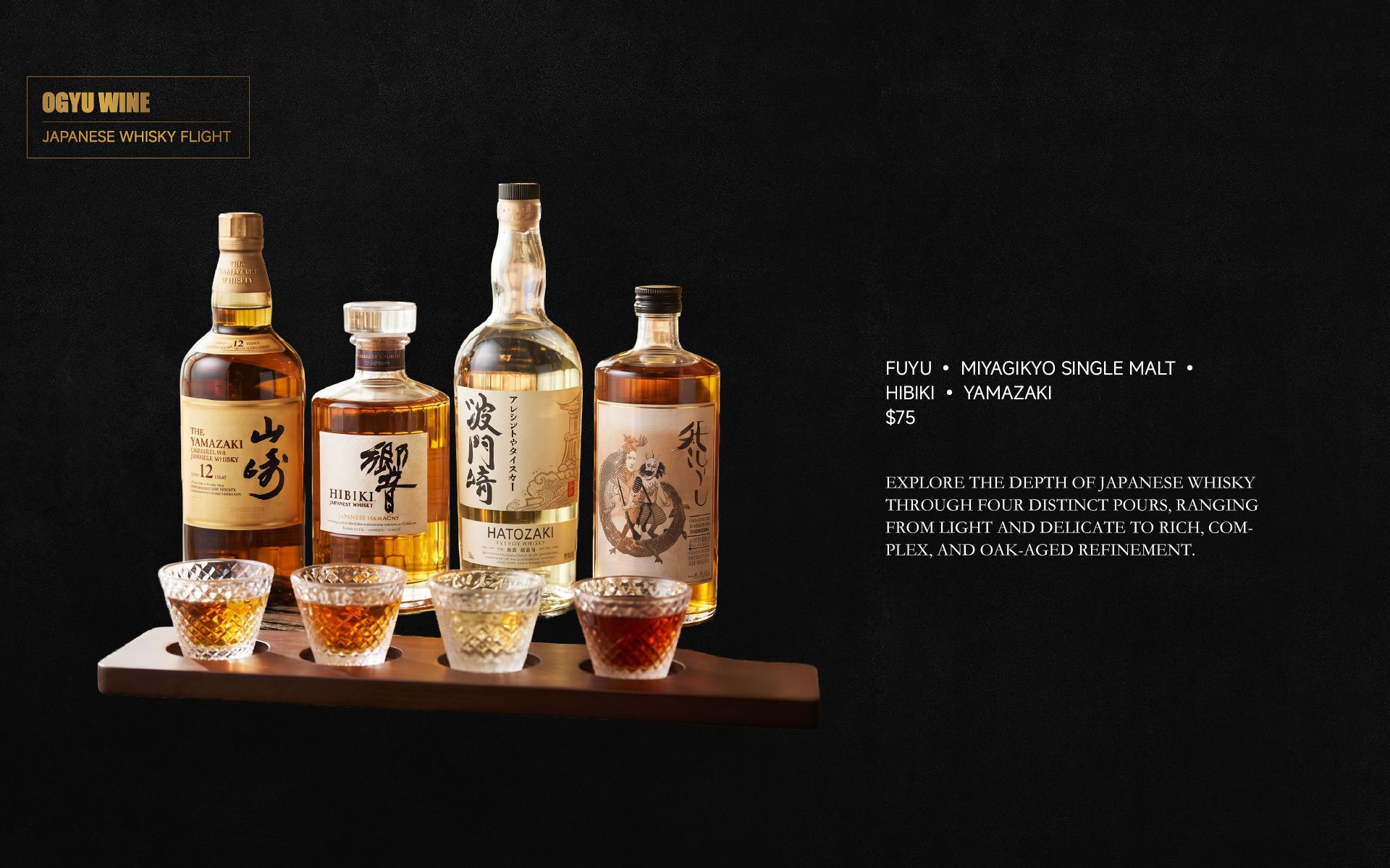 Four whiskey bottles on a wooden shelf with tasting glasses against a dark background