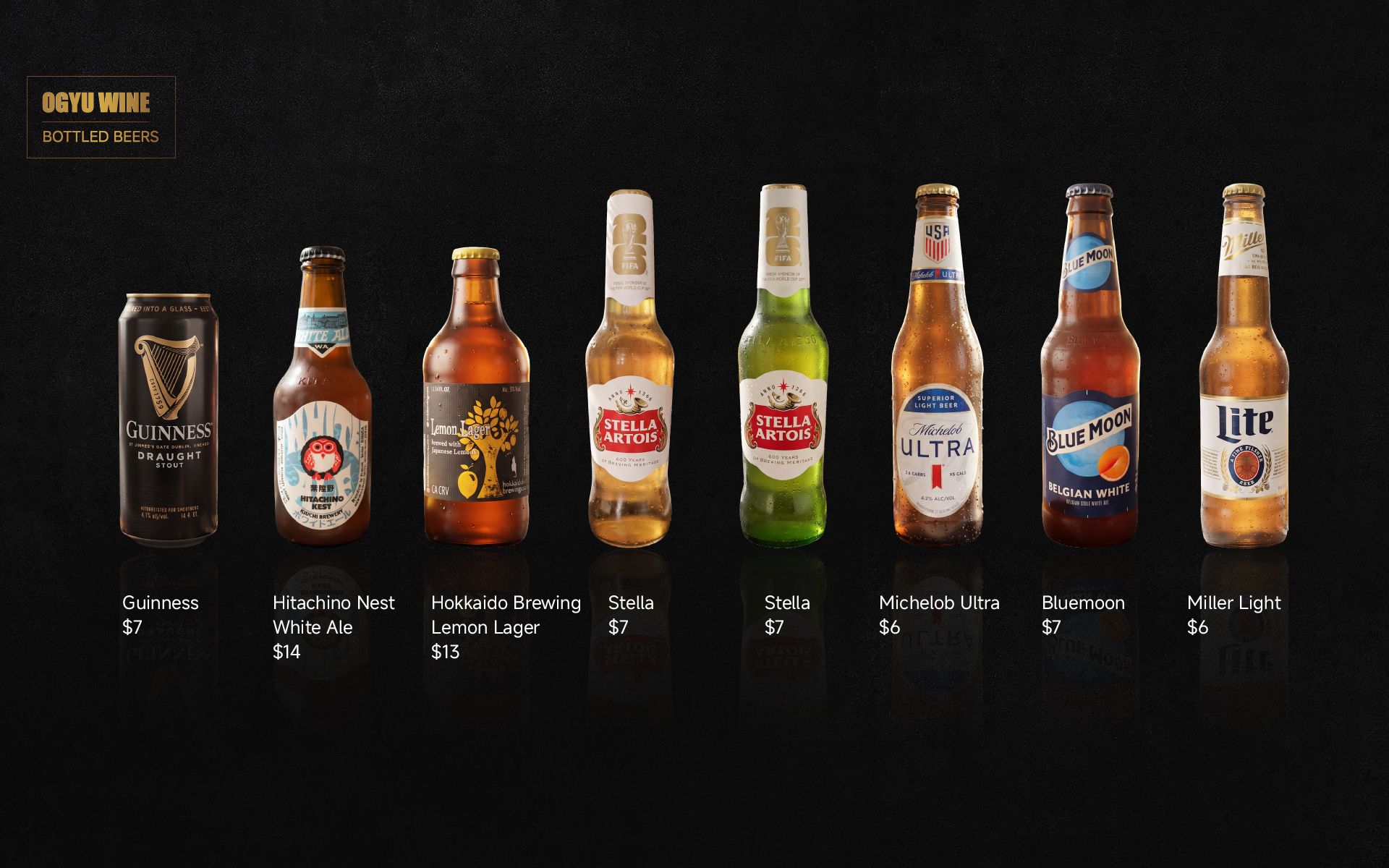 Row of assorted beer bottles and a can on a dark background, with small product labels underneath