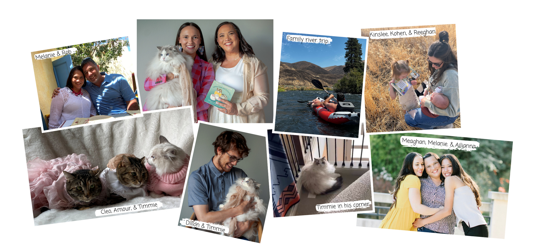 Collage of photos: people with cats, kayaking, playing with a child, and hugging.
