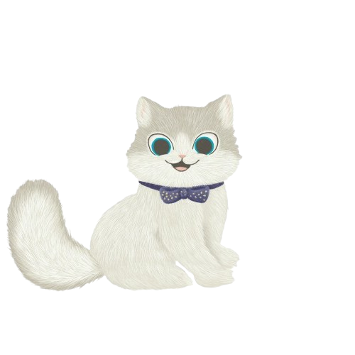 Fluffy white cat with light gray ears and face, wearing a navy blue bow tie, smiling.