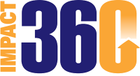 a blue and orange logo for impact 360 with an arrow pointing up .