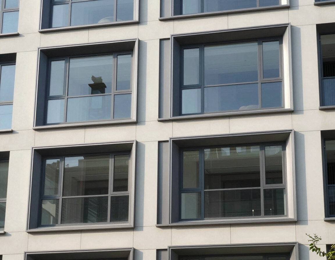 Fachada de edificio de apartamentos con grandes ventanales y paredes blancas, una ventana abierta con una jardinera.