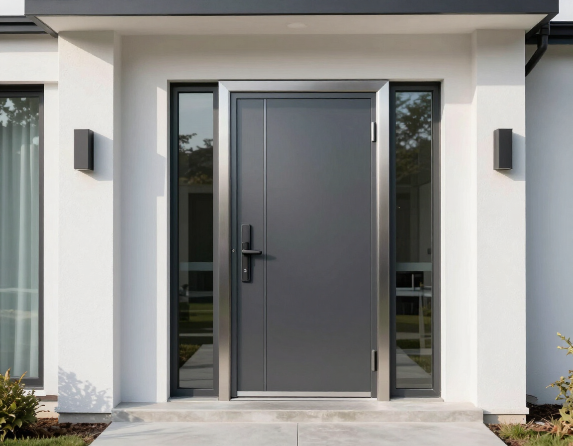 Puerta principal moderna de color gris con ventanas laterales estrechas en una fachada de casa blanca.