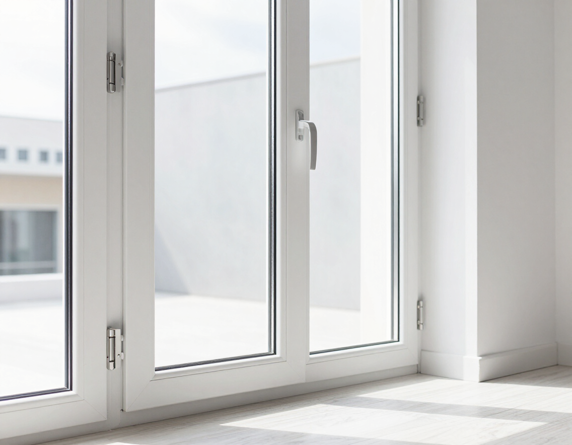 Puertas francesas blancas con paneles de vidrio en una habitación luminosa y minimalista, que dan a un balcón o patio.
