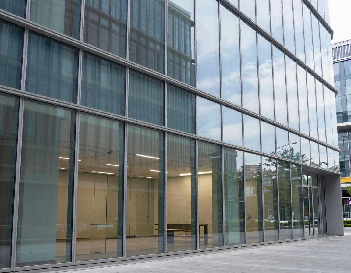 Fachada moderna de cristal para edificio de oficinas con grandes ventanales y entrada cubierta.