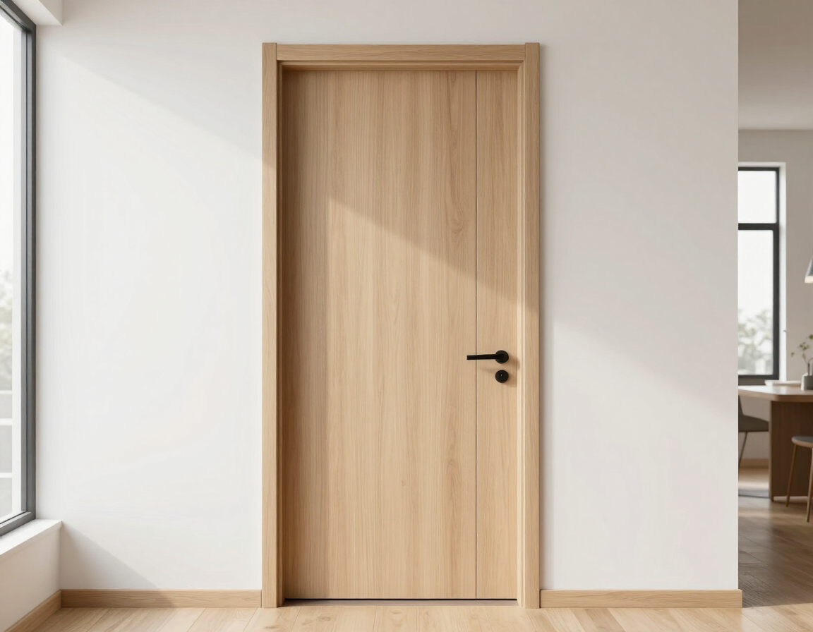 Puerta interior de madera clara con tirador negro en un pasillo luminoso.