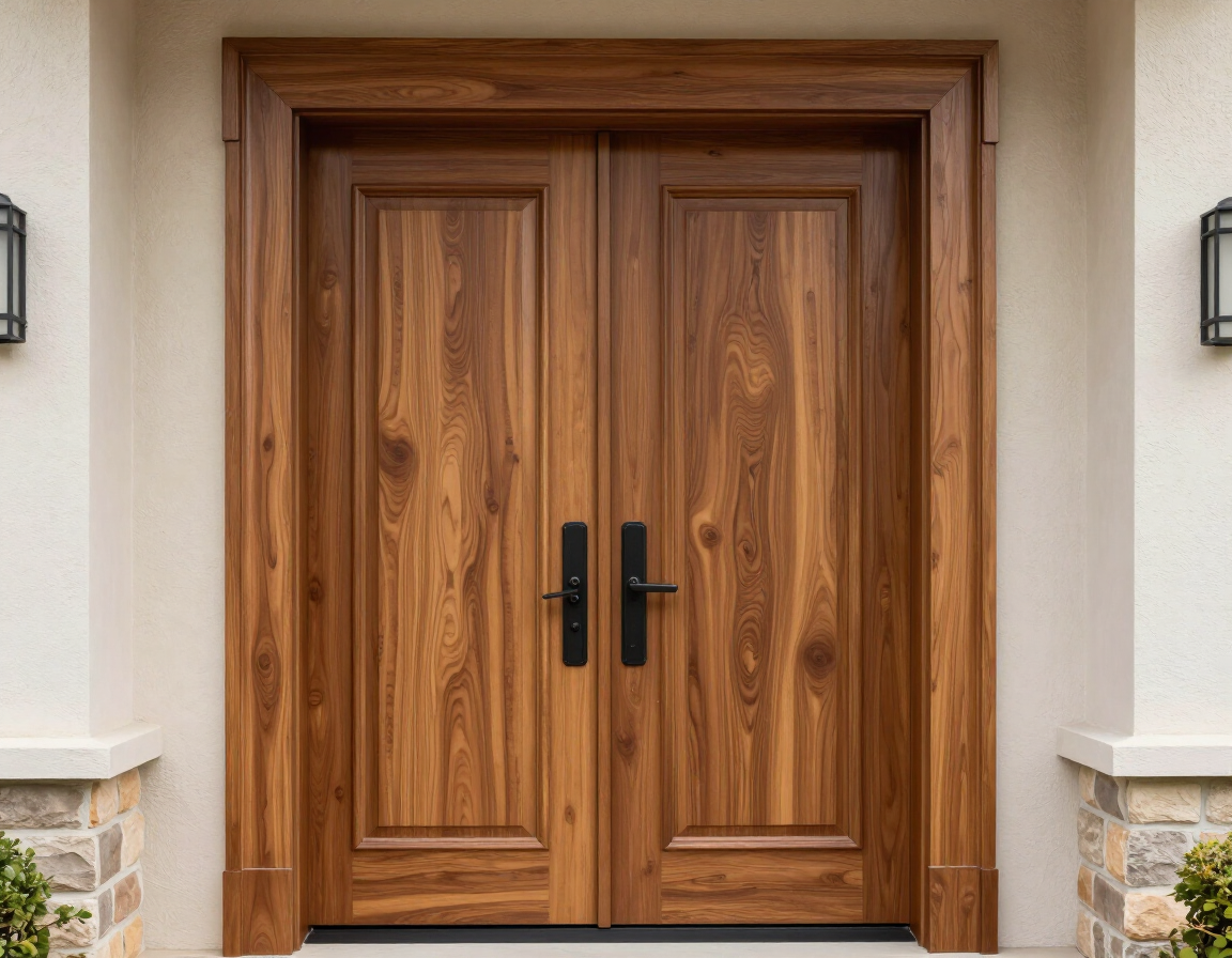 Puerta doble de madera con tiradores negros, enmarcada en una entrada revestida de piedra.