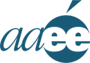 A blue and white logo for aee on a white background