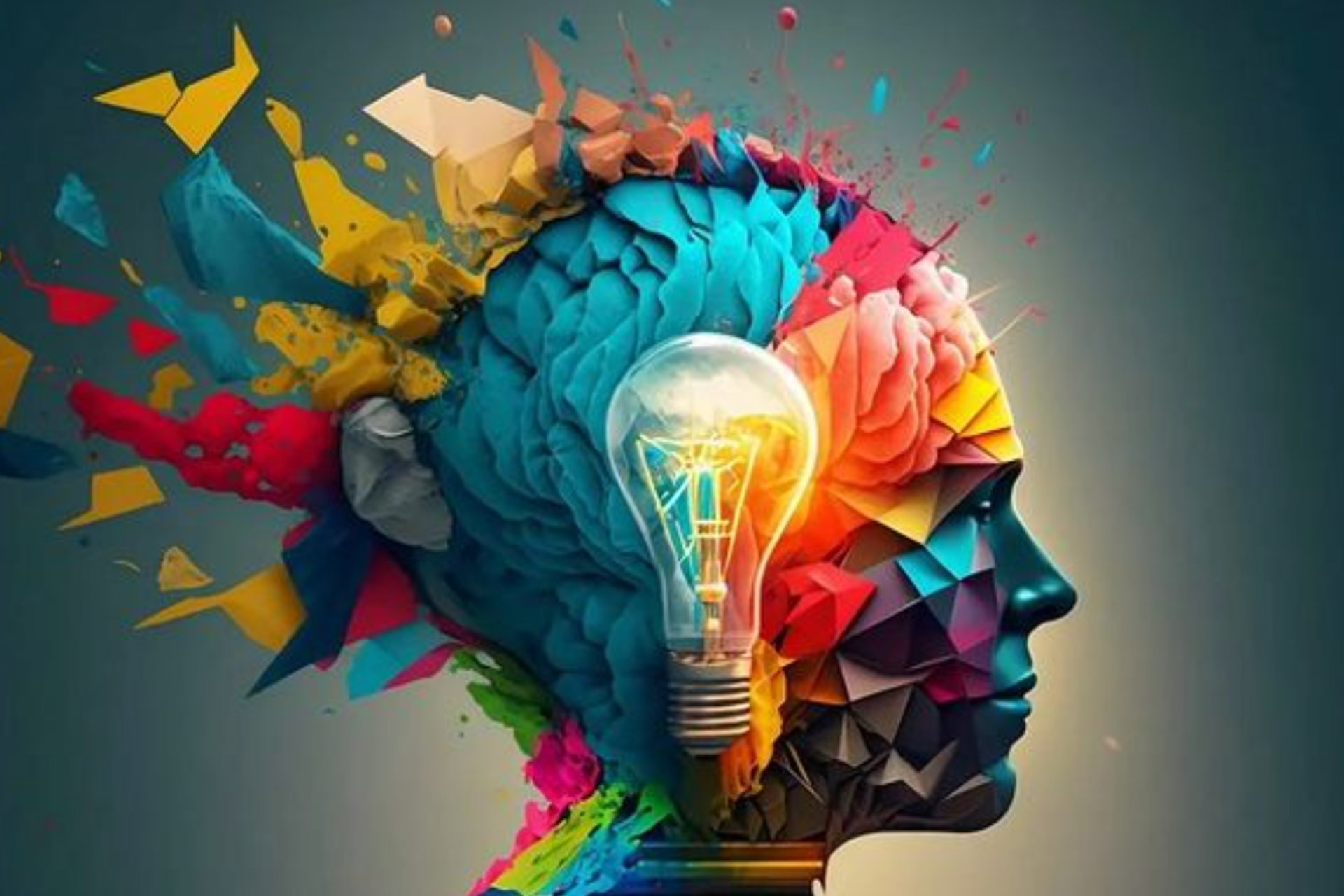 A colorful painting of a woman 's head with a light bulb coming out of it.