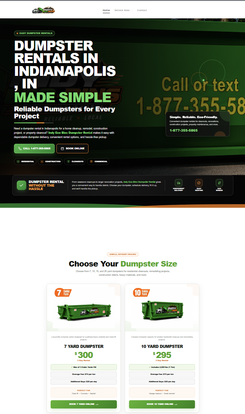 Indy Eco Bins dumpster rental website designed by Junk Removal Money