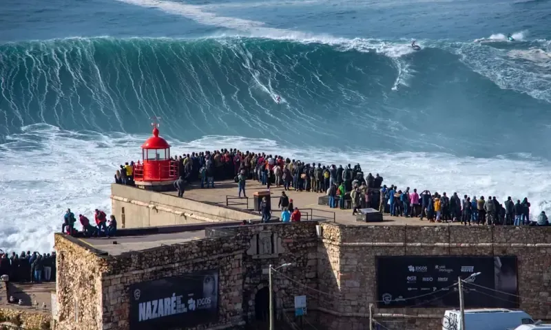A giant Atlantic wave breaking below the Nazaré lighthouse fort