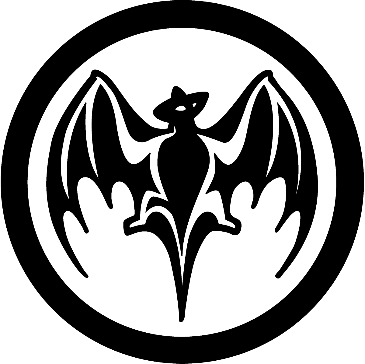 A black and white logo of a bat in a circle.