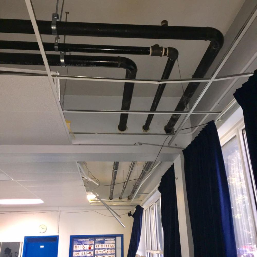 A room with a lot of pipes hanging from the ceiling