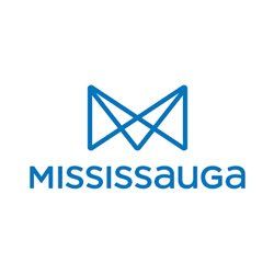 A blue logo for mississauga with a bow tie on a white background.