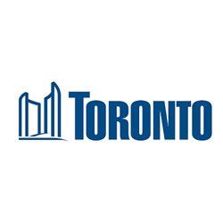 A blue logo for toronto with a building in the background.