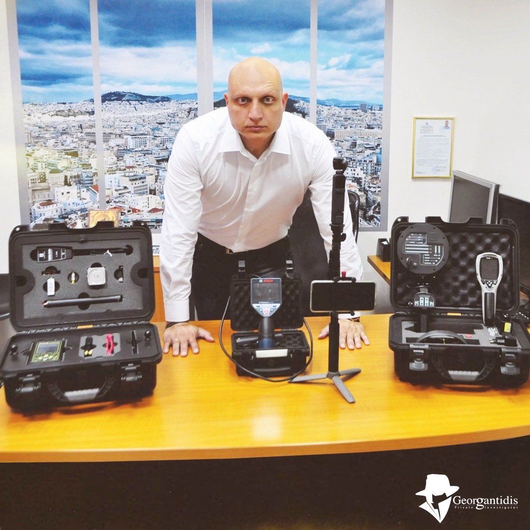 Άνδρας με λευκό πουκάμισο με τεχνολογικό εξοπλισμό σε τραπέζι, με φόντο την πόλη.