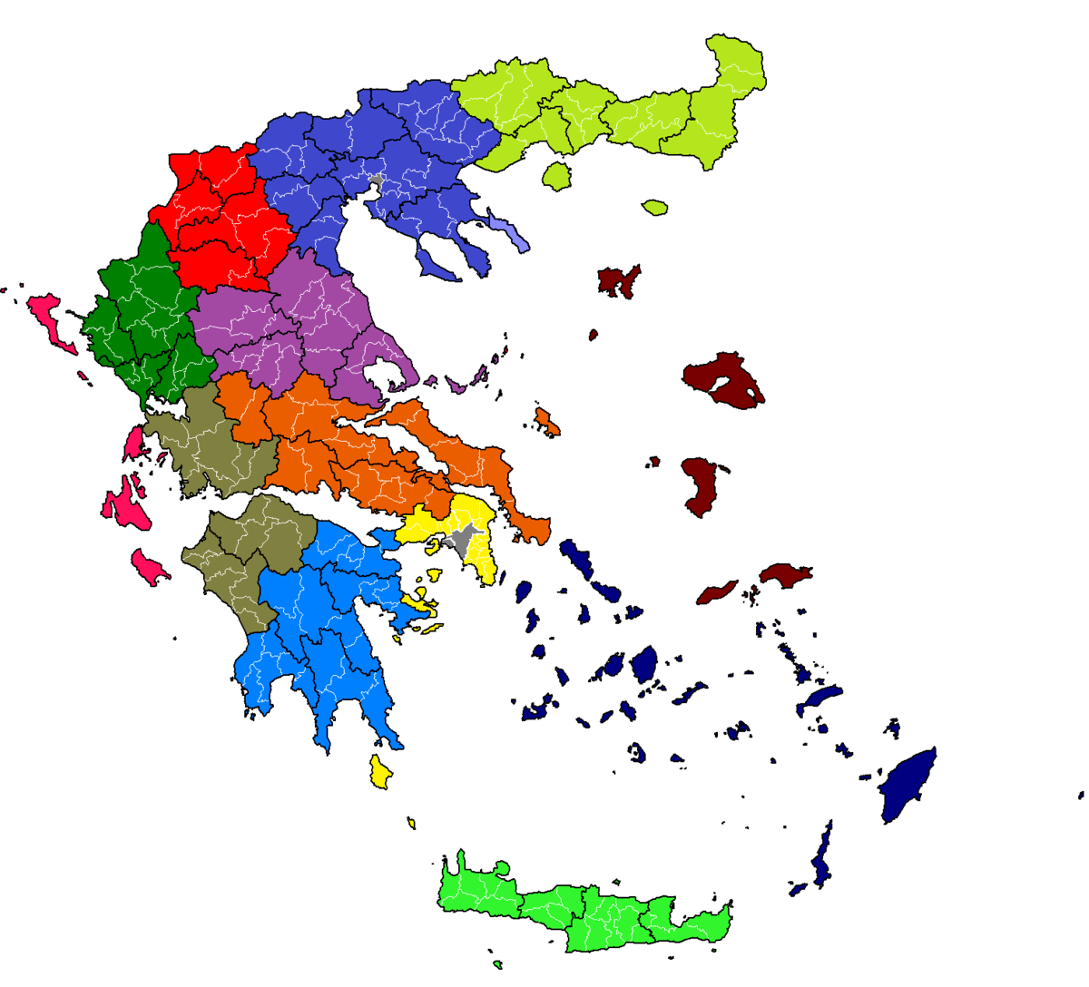 Χάρτης της Ελλάδας, χωρισμένος σε περιοχές, καθεμία με διαφορετικό χρώμα.