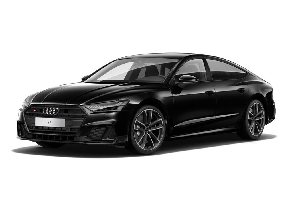 Μαύρο Audi S7 sedan σε λευκό φόντο, υπό γωνία.