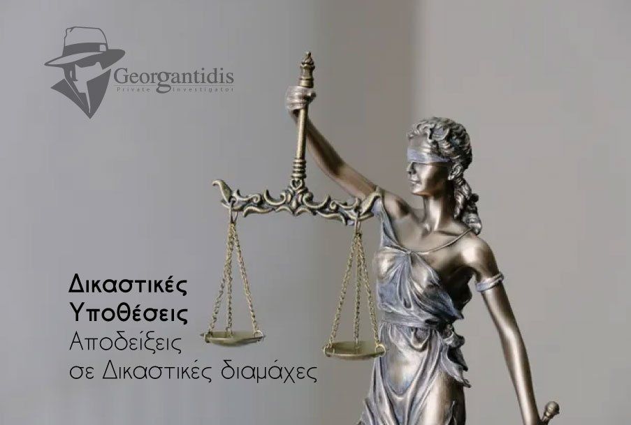 Άγαλμα της Κυρίας Δικαιοσύνης που κρατά ζυγαριά, με ελληνικό κείμενο: 