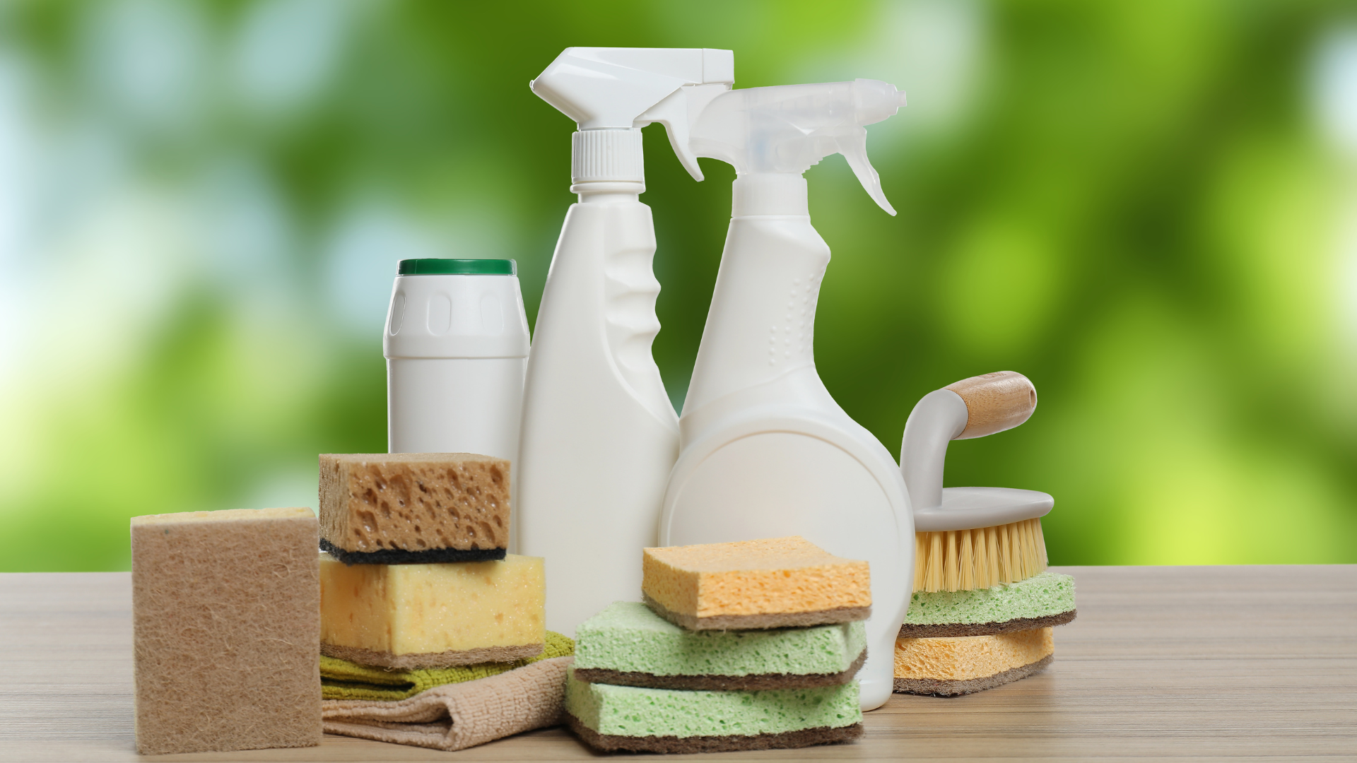 Cleaning supplies: spray bottles, scrub brushes, sponges, and a container on a wooden table, with a blurred green background.