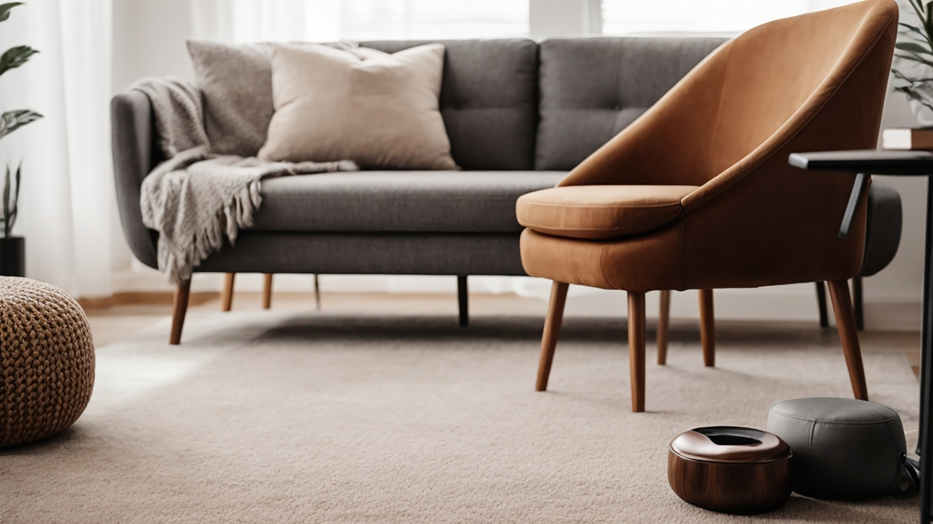 Living room with gray sofa, orange chair, beige rug, and decorative items.
