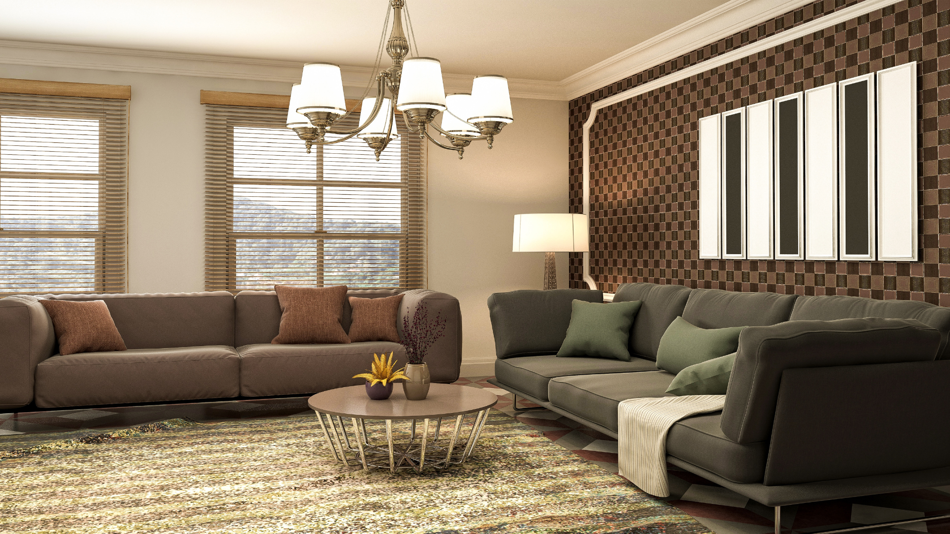 Living room with brown sofas, patterned rug, chandelier, and a decorative wall.
