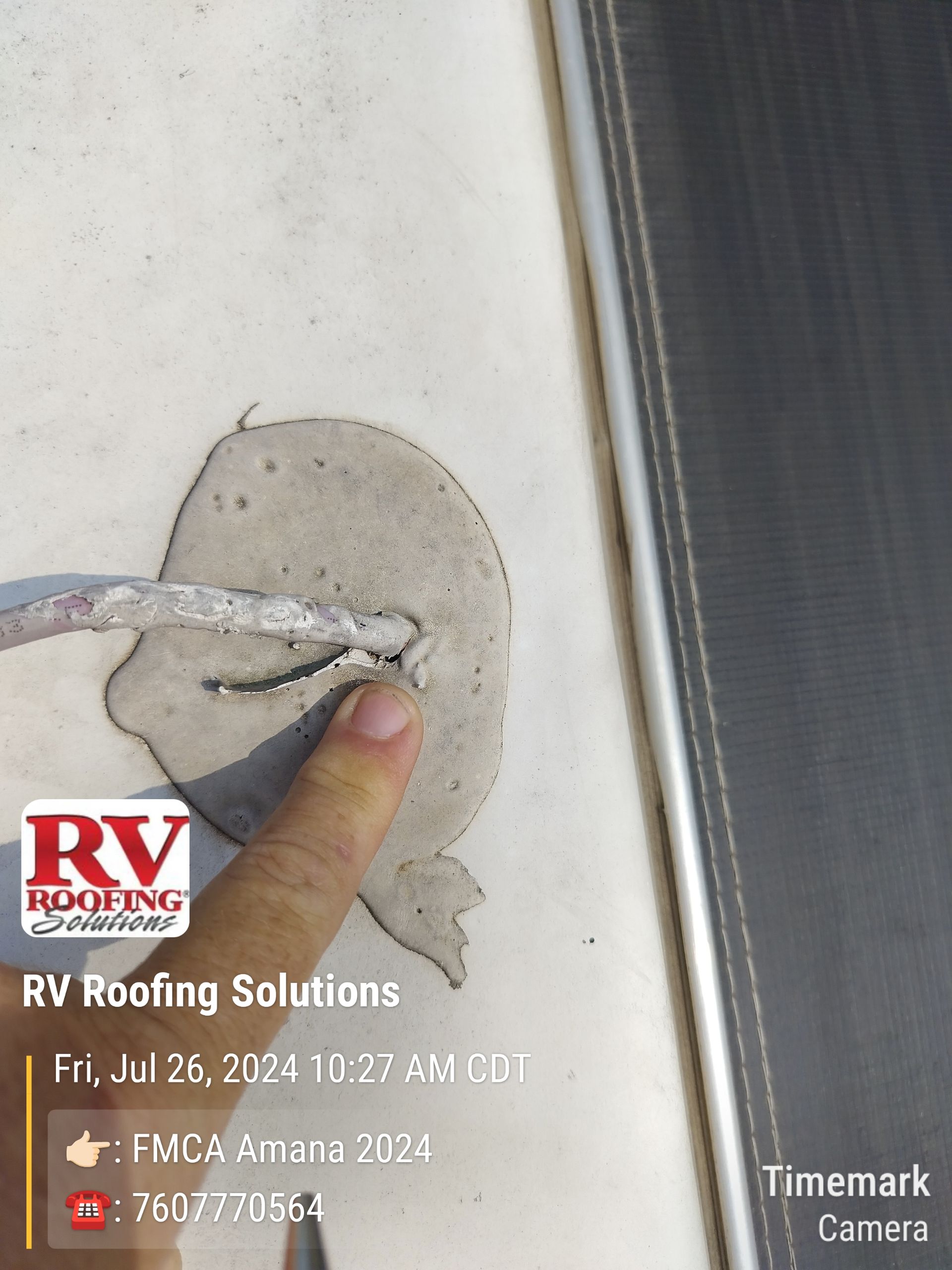 A finger points at a damaged RV roof sealant. The RV Roofing Solutions logo and a timestamp are visible.