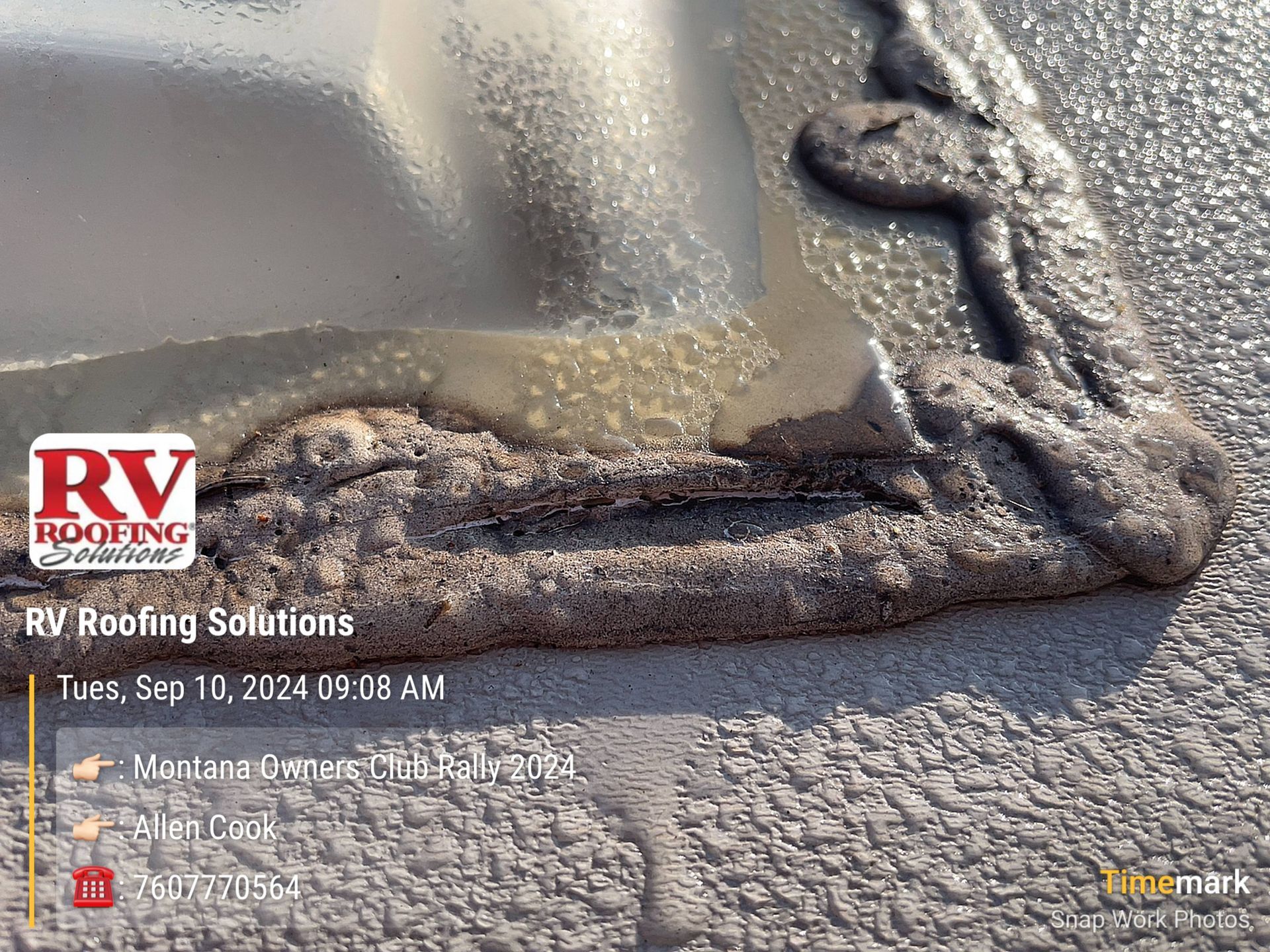 RV roof corner with sealant damage and water pooling. Timestamp and logo for
