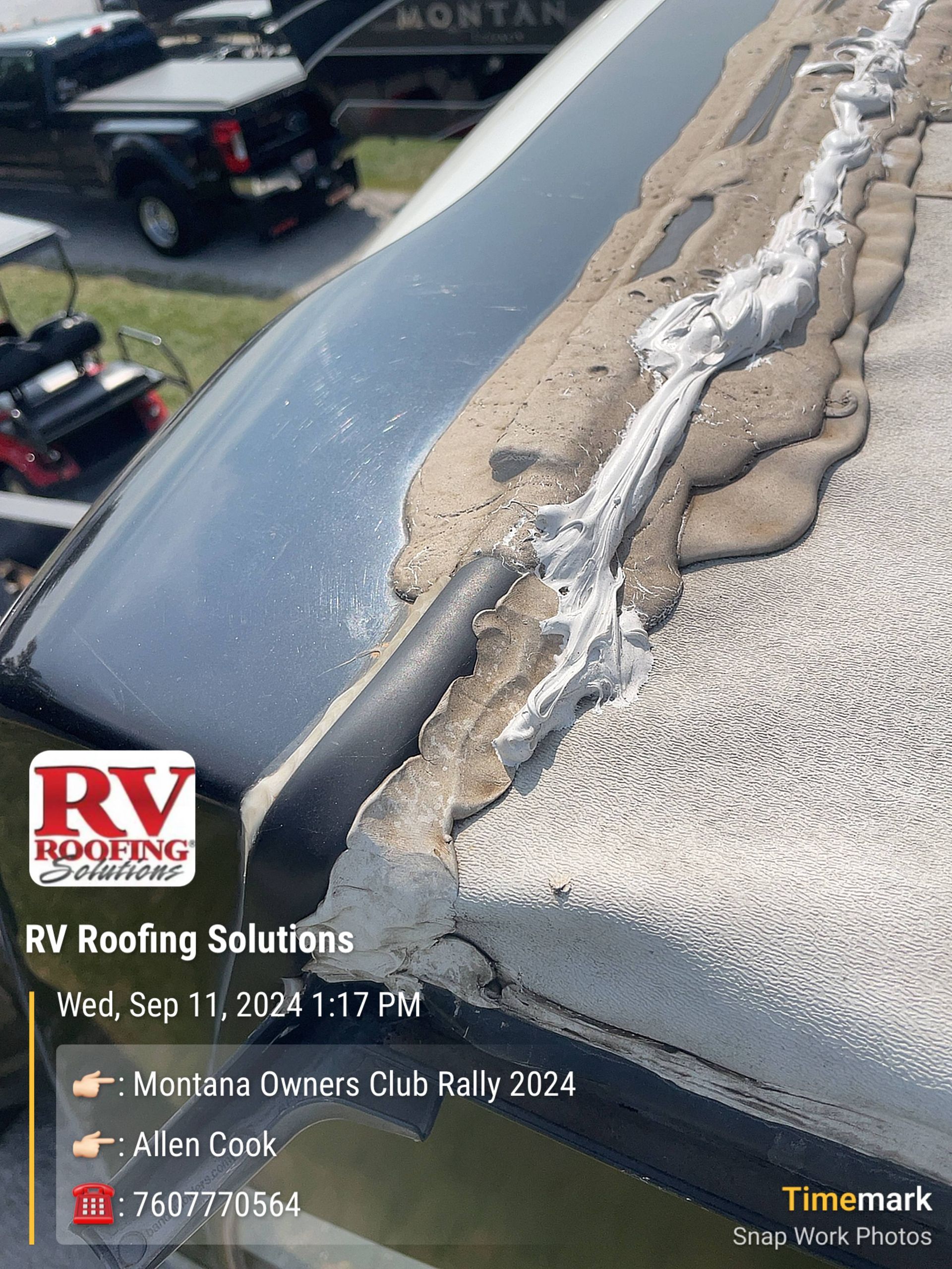 RV roof repair in progress, showing sealant along a seam. A logo for