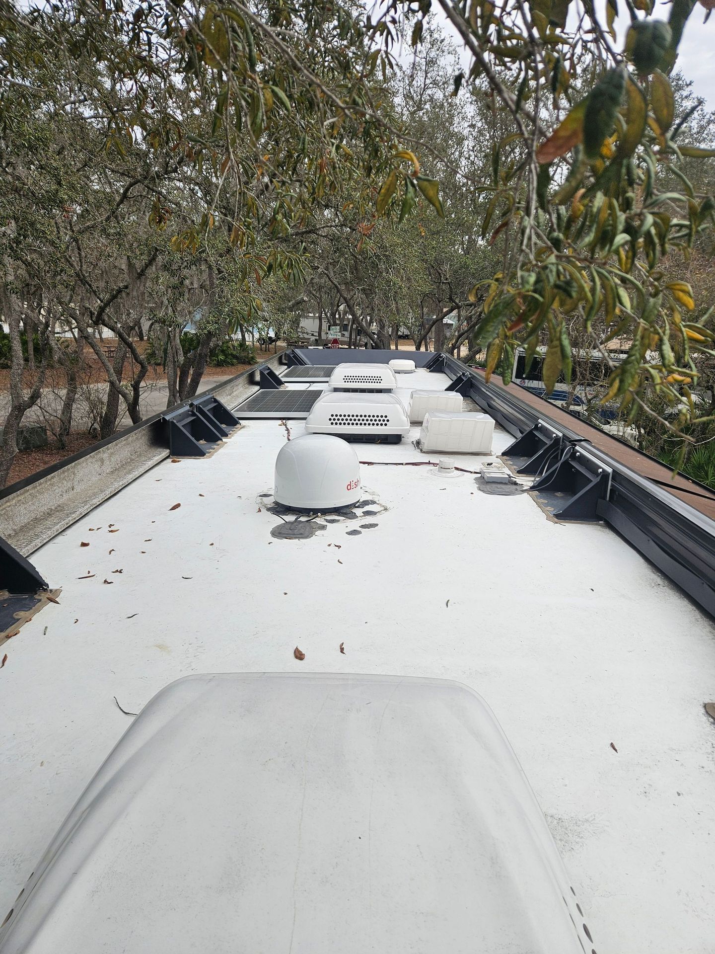 White RV roof with vents and trees lining both sides outdoors
