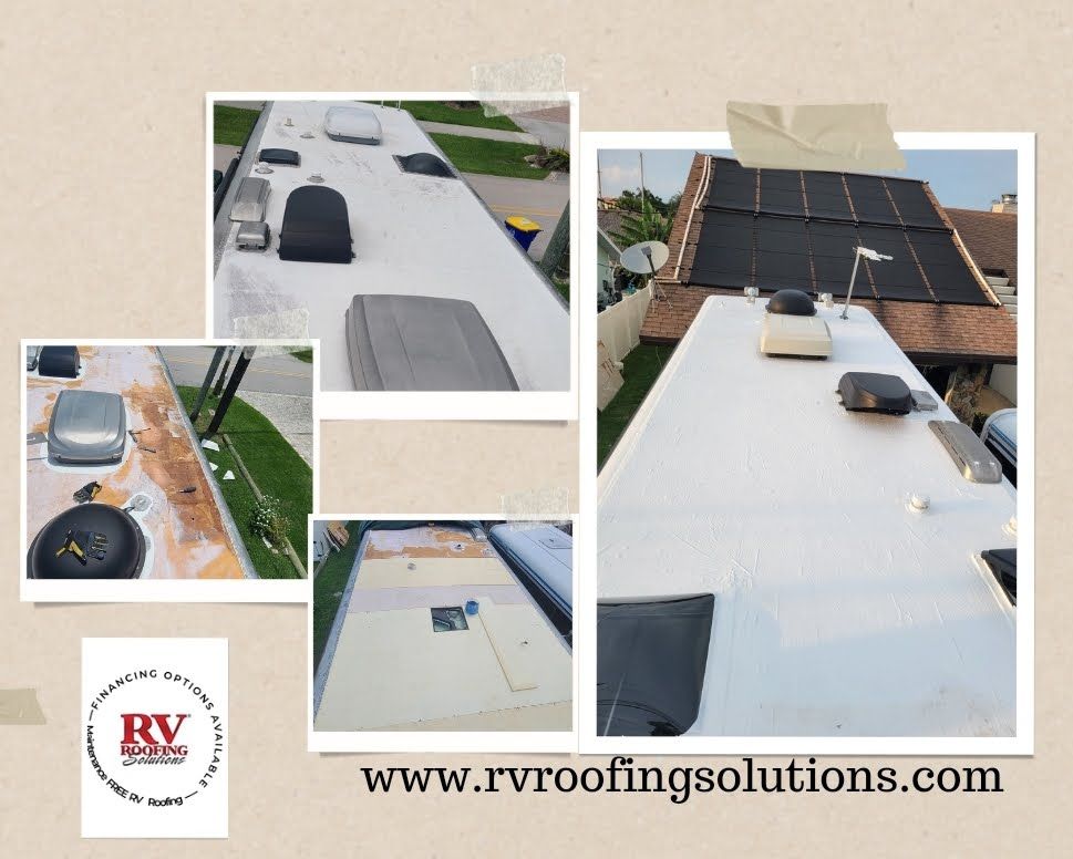 A collage of pictures of a roof with the website www.rvroofingsolutions.com at the bottom