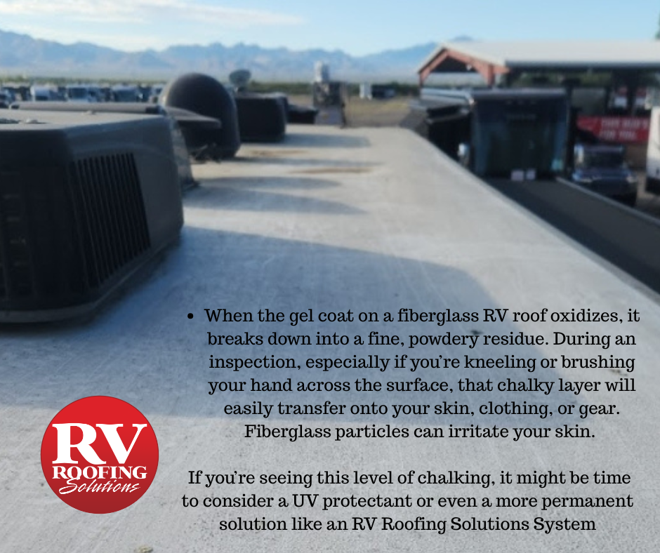 RV roof with chalking; text explains oxidation and potential skin irritation.