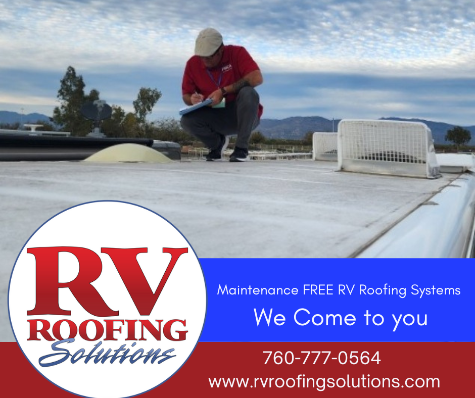 A man in a red shirt inspects an RV roof, with a logo for 