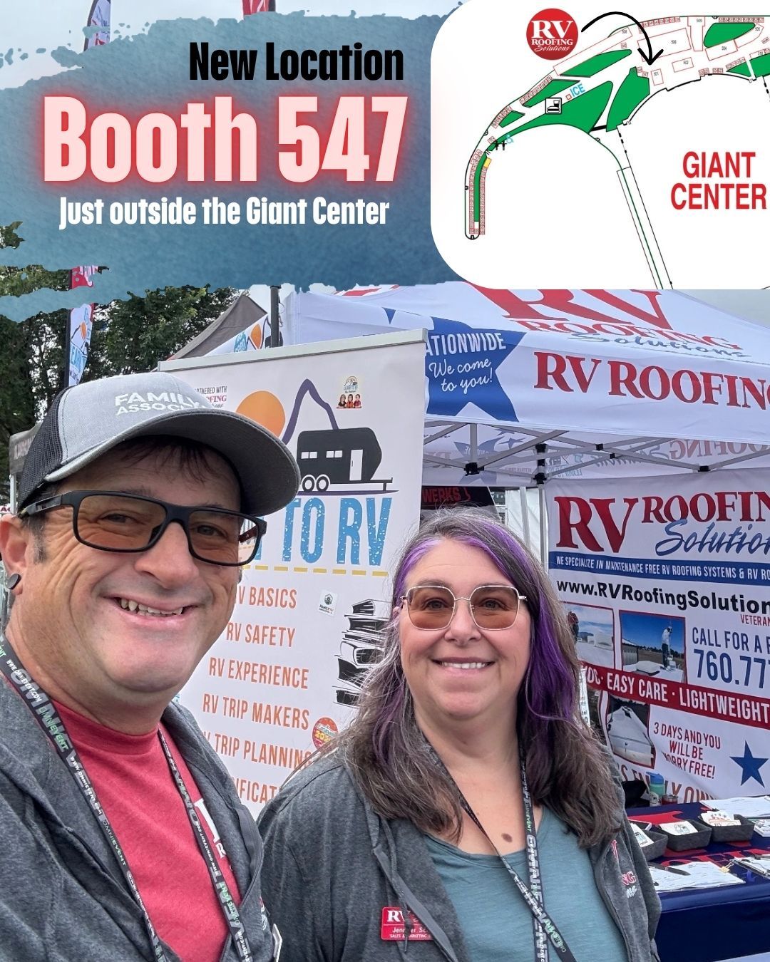 Two smiling people at Booth 547 beside an RV Roofing banner outside the Giant Center.