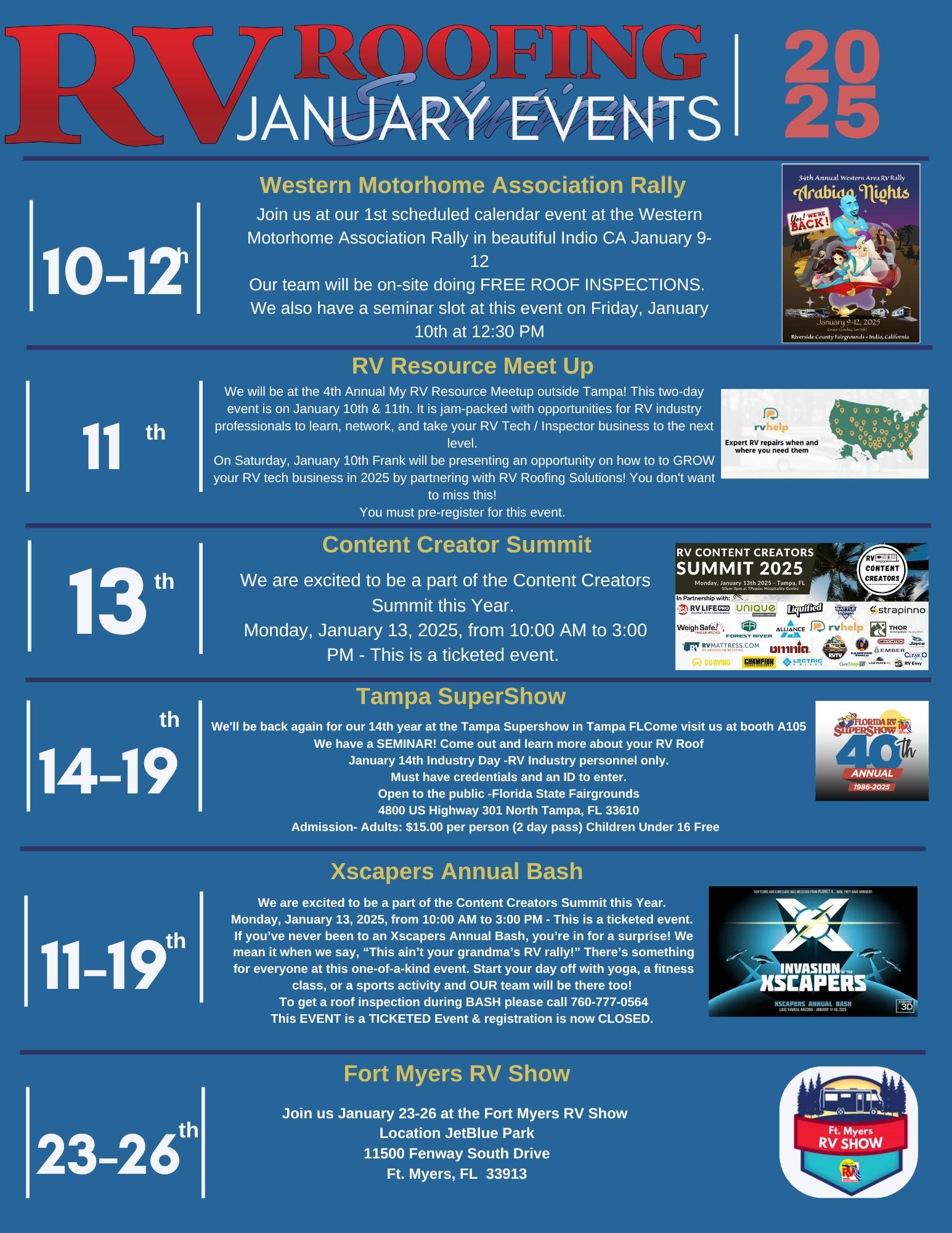 RV roofing event flyer: January 2025. Includes rallies, meetups, a summit, RV shows in Tampa and Fort Myers, and a rally.