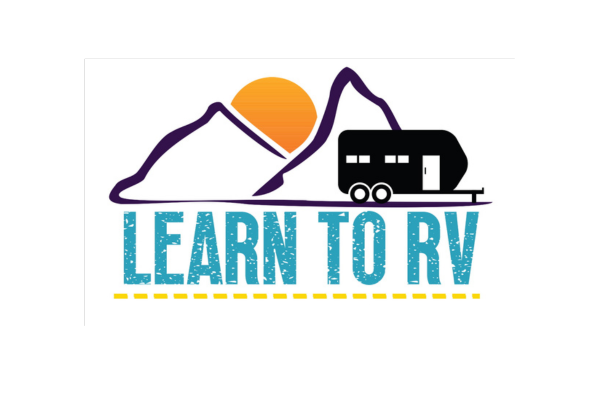 A logo for learn to rv with a trailer and mountains