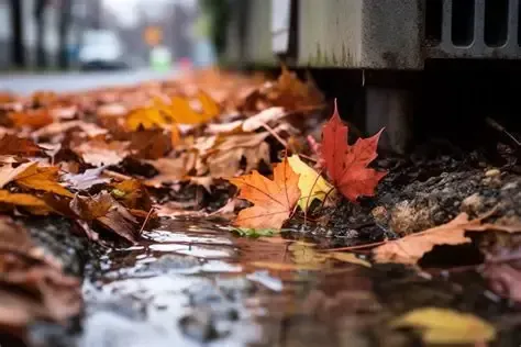 Autumn leaves, red and orange, in a puddle by a curb, with blurred street in the background.