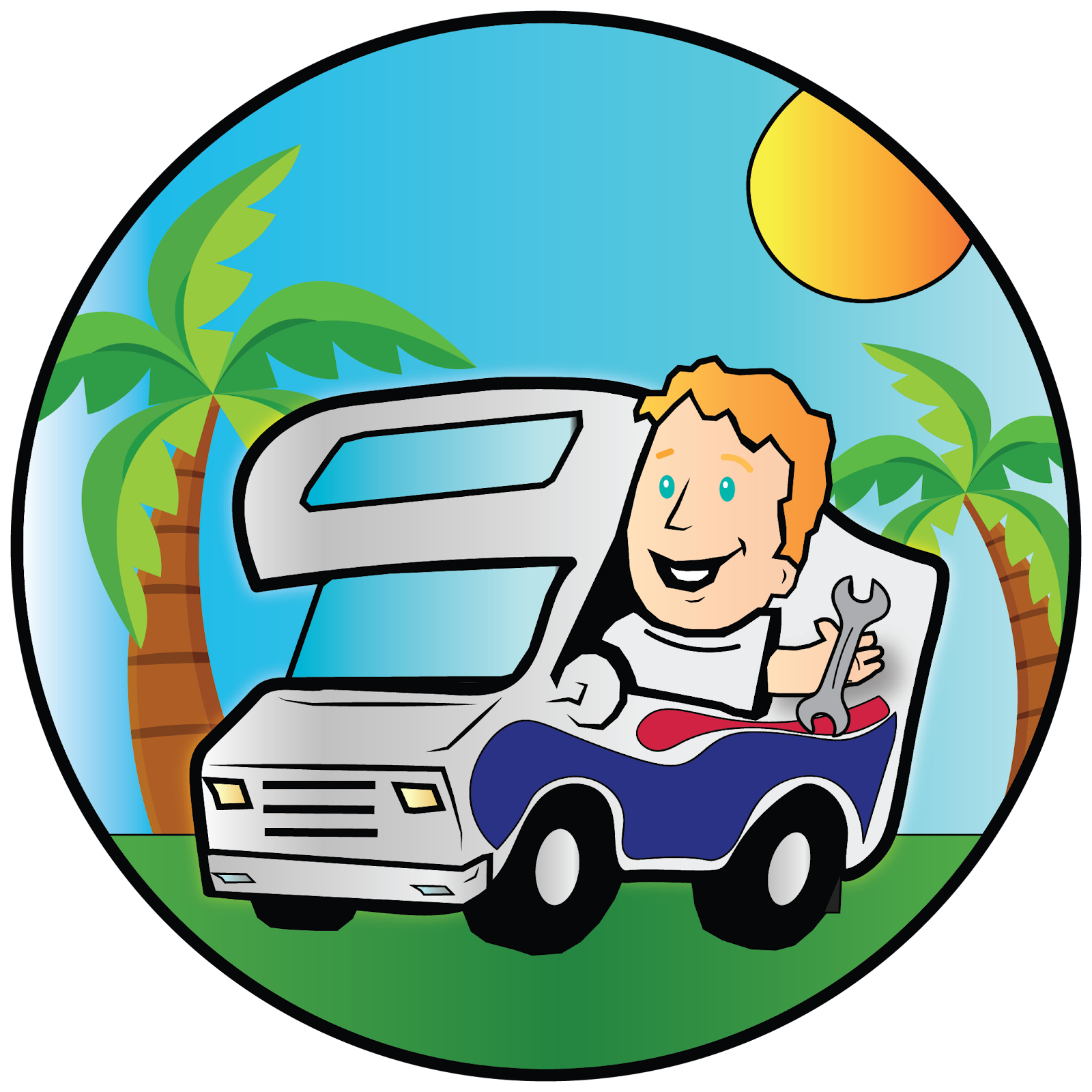 A cartoon of a man in a rv holding a wrench