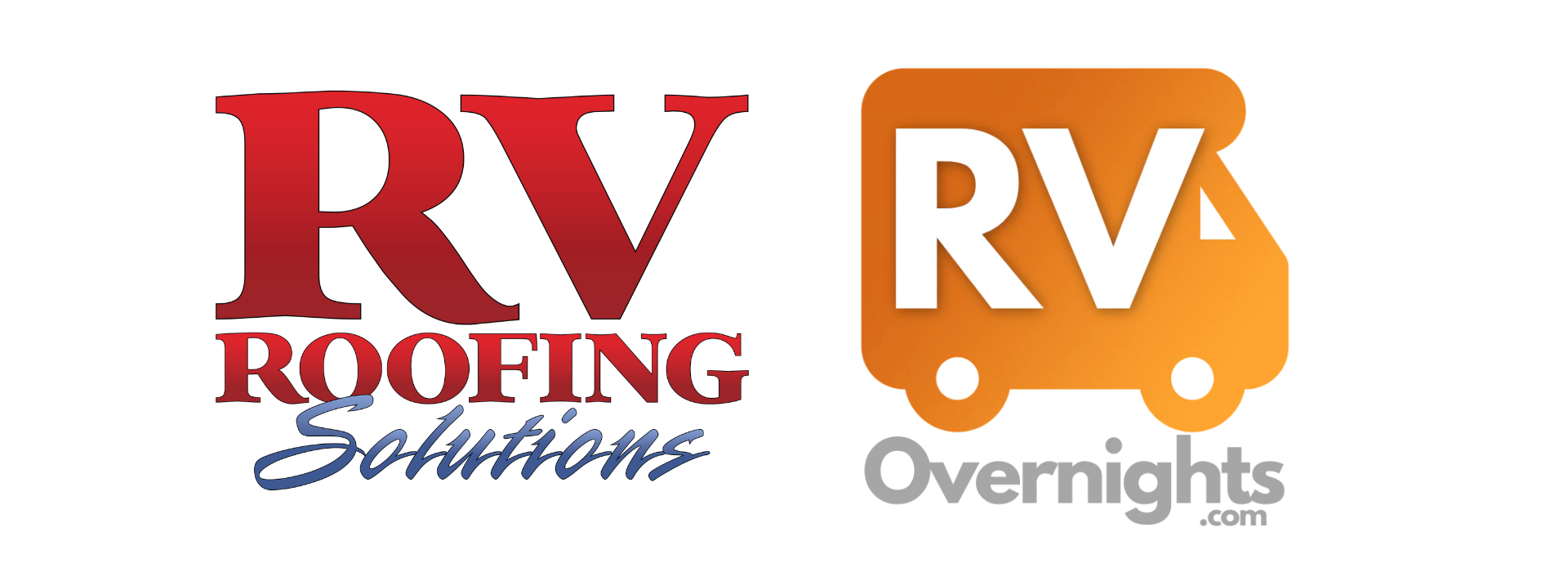 RV Roofing Solutions and RV Overnights logos in red, orange, and gray on a white background
